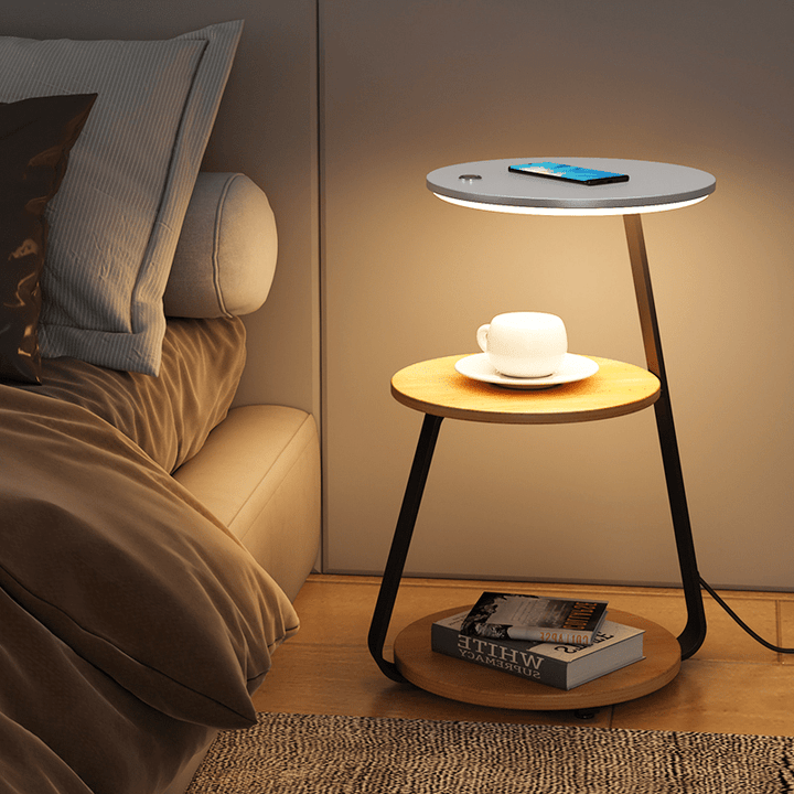 Modern Side Table with Wireless Charger &amp; Built-in Lamp | 60×36×34 cm
