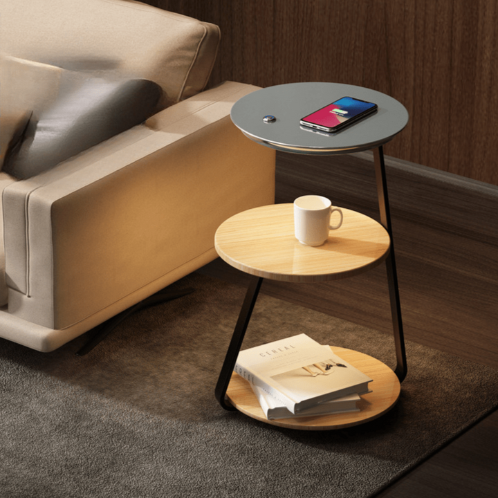Modern Side Table with Wireless Charger &amp; Built-in Lamp | 60×36×34 cm