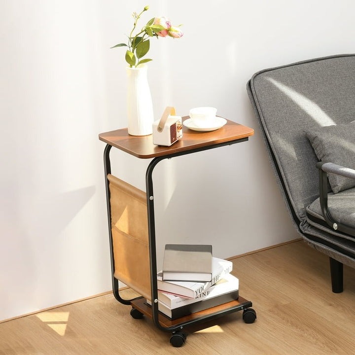Elegant Side Table on Wheels | C-Shaped Table with Wheels, 2 Tiers &amp; Side Compartment for Bedroom, Living Room or Office