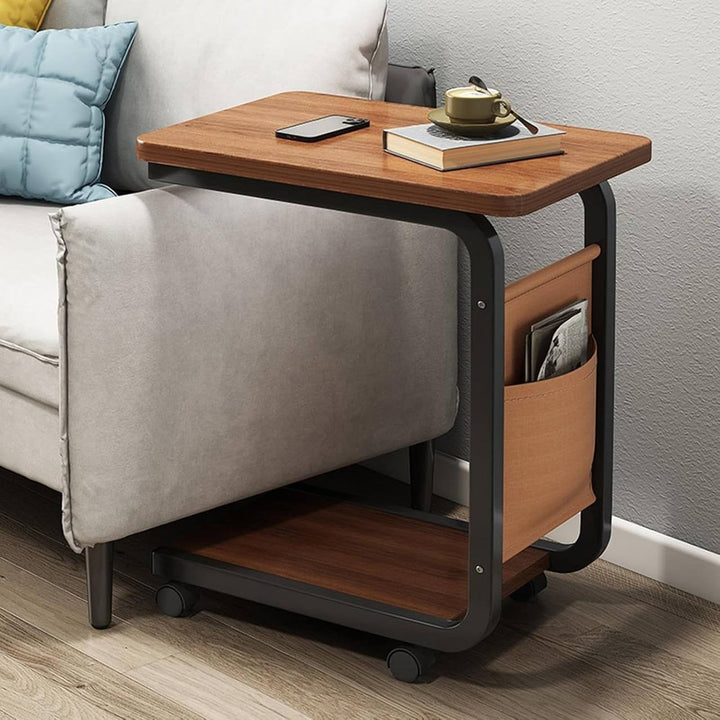 Elegant Side Table on Wheels | C-Shaped Table with Wheels, 2 Tiers &amp; Side Compartment for Bedroom, Living Room or Office