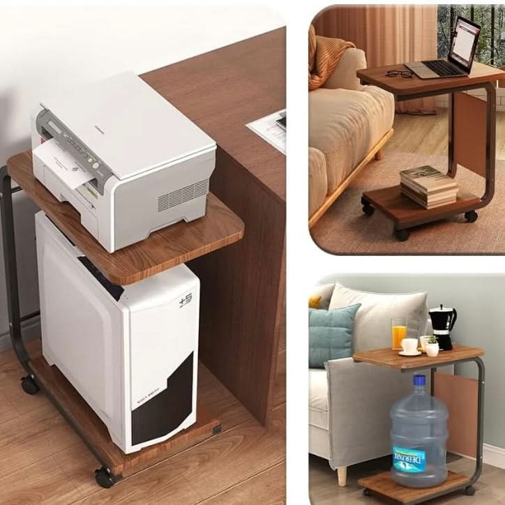 Elegant Side Table on Wheels | C-Shaped Table with Wheels, 2 Tiers &amp; Side Compartment for Bedroom, Living Room or Office