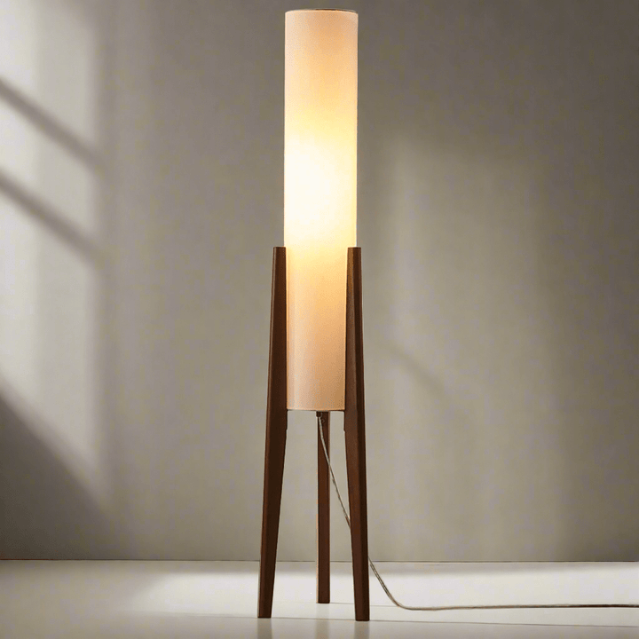 Walnut Standing Lamp | Scandinavian Retro Design | Solid Walnut Wood &amp; Fabric Shade