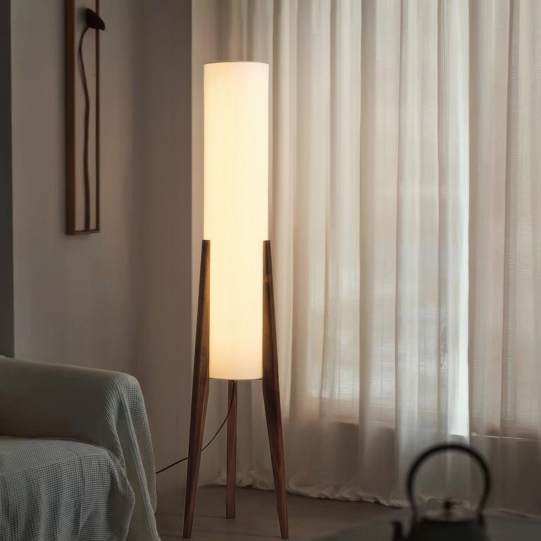 Walnut Standing Lamp | Scandinavian Retro Design | Solid Walnut Wood &amp; Fabric Shade